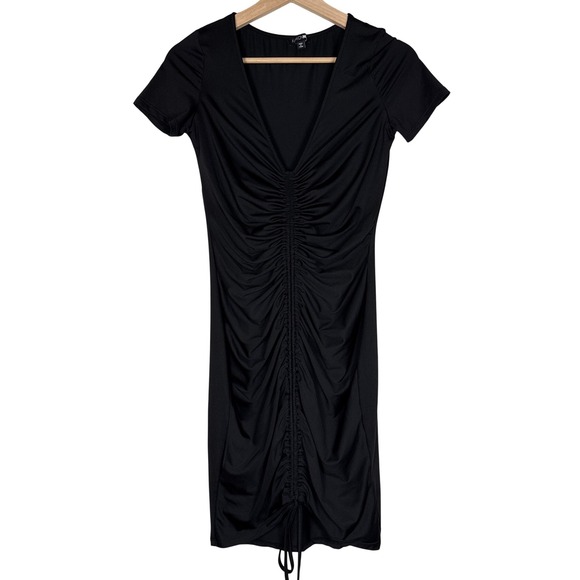 Fashion Nova Black Ruched Bodycon Stretch Mini Midi Dress Short Sleeve V Neck M - Picture 1 of 8